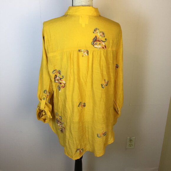 Anthropologie Fig & Flower Top Shirt XL Womans Yellow Embroidered Button Up Boho - Picture 2 of 16